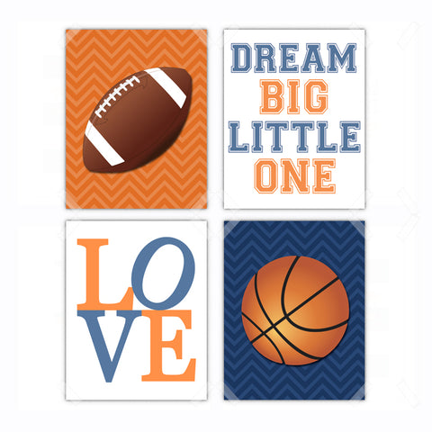 Sports Football Basketball Nursery Wall Art Decor - Set of 4