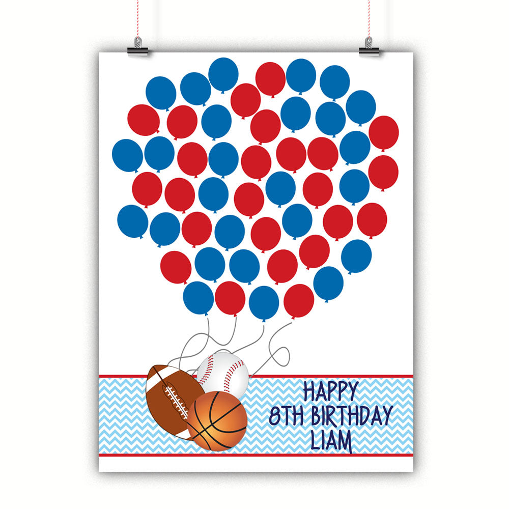 Personalized Birthday Guest Book Alternative - Sports Balloons - Customized Poster, Print, Framed or Canvas, 50 Signatures Birthday Guest Book Alternative - INKtropolis