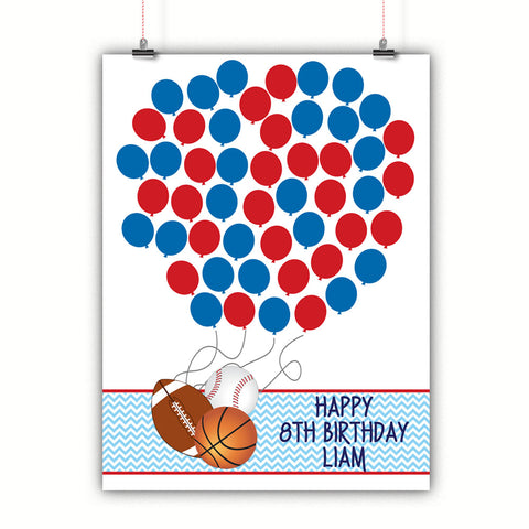 Personalized Birthday Guest Book Alternative - Sports Balloons - Customized Poster, Print, Framed or Canvas, 50 Signatures