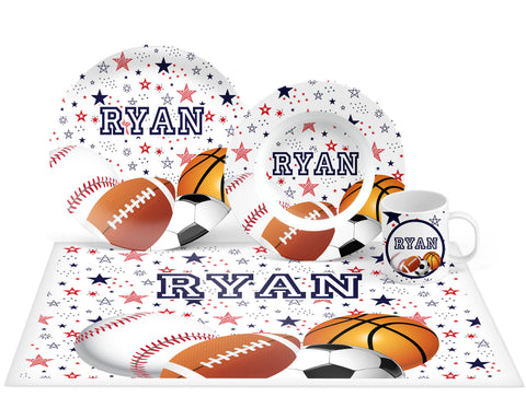 Personalized Sports Plate, Bowl, Mug, Placemat Set - Choose Your Pieces