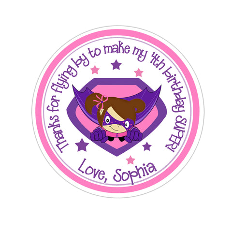 Pink and Purple Superhero Girl Personalized Birthday Favor Sticker