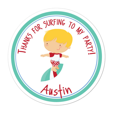 Surfer Boy Blonde Hair Personalized Birthday Favor Sticker