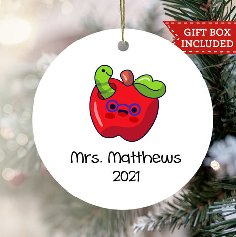 Personalized Teacher Christmas Ornament - Worm In Apple