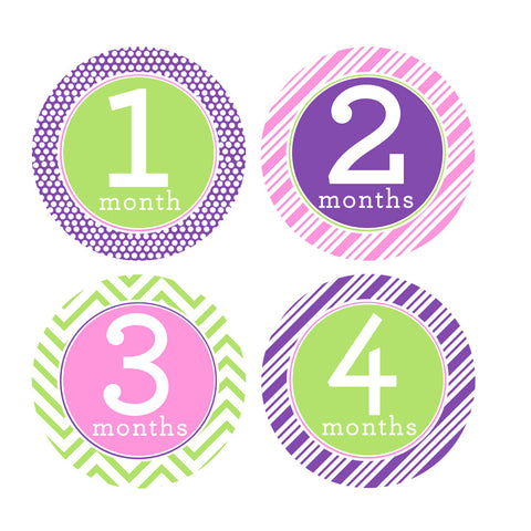 Pink, Purple, Lime Green Trendy Tot Baby Month Stickers