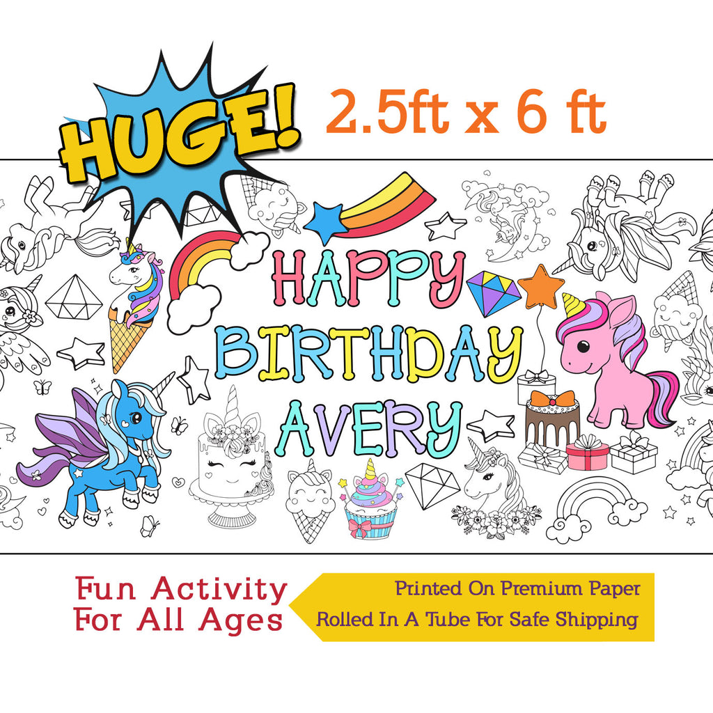 Personalized Unicorn Birthday Coloring Banner, Poster, Paper Table Cover