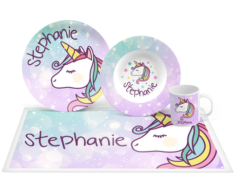 Personalized Unicorn Plate, Bowl, Mug, Placemat Set - Choose Your Pieces