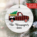 Personalized Farmhouse Christmas Ornament - Buffalo Plaid Vintage Truck