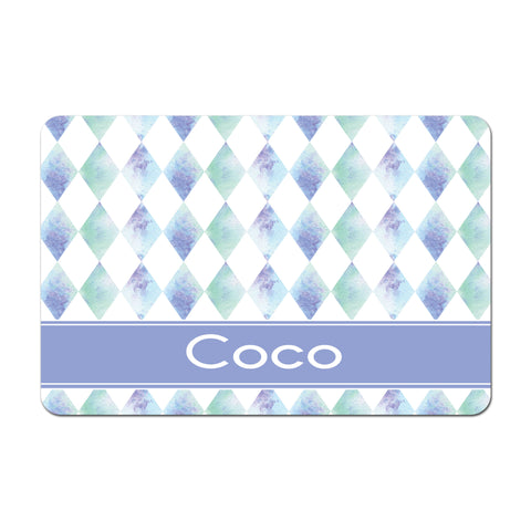 Personalized Pet Food Placemat - Periwinkle and Green Diamonds