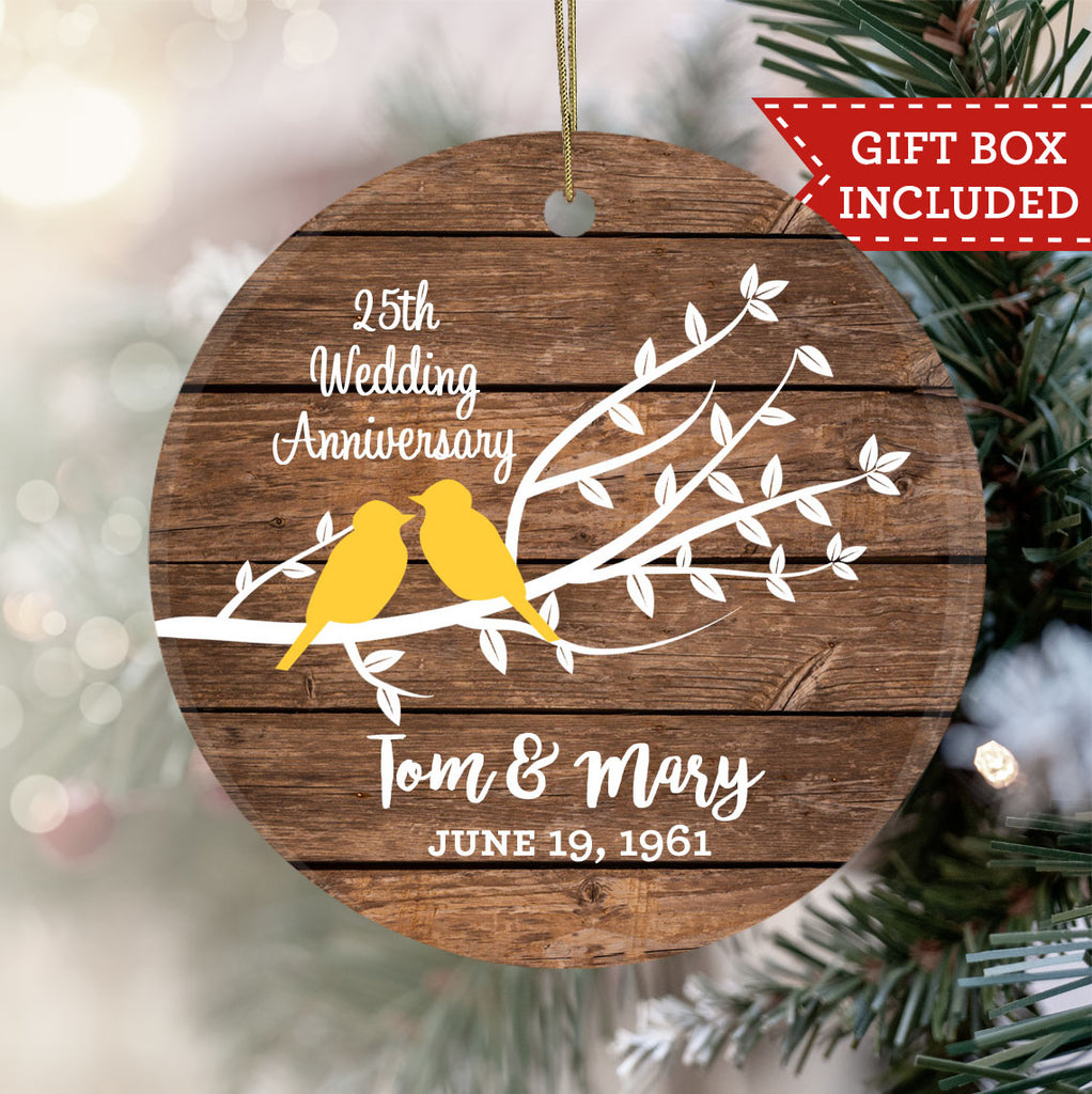 Personalized Wedding Anniversary Ornament - Rustic Love Birds