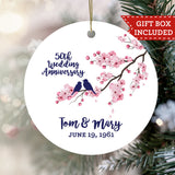 Personalized Wedding Anniversary Ornament - Love Birds Cherry Blossom