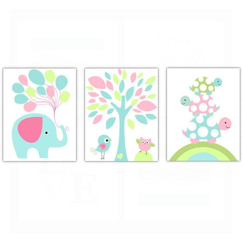 Whimsical Girls Elephant Bird Nursery Wall Art Decor Poster, Print, Framed or Canvas - Set of 3