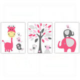 Whimsical Girls Elephant Bird Nursery Wall Art Decor Poster, Print, Framed or Canvas - Set of 3 kids room art - INKtropolis