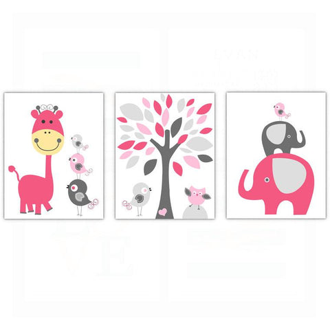 Whimsical Girls Elephant Bird Nursery Wall Art Decor Poster, Print, Framed or Canvas - Set of 3