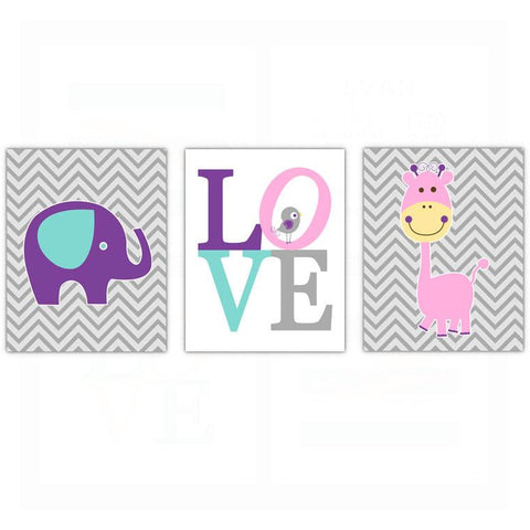 Whimsical Girls Elephant Bird Nursery Wall Art Decor Poster, Print, Framed or Canvas - Set of 3