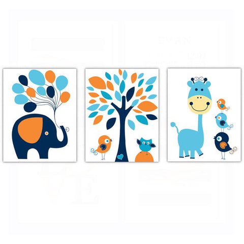 Whimsical Boys Elephant Bird Owl Nursery Wall Art Decor Poster, Print, Framed or Canvas - Set of 3