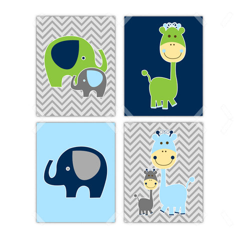 Whimsical Giraffe Elephant Nursery Wall Art Decor - Set of 4