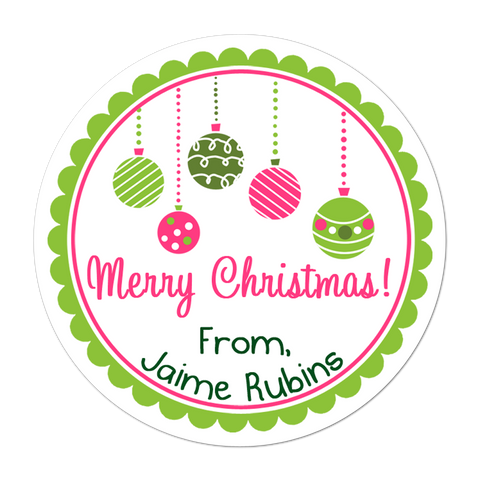 Pink And Green Ornaments Personalized Christmas Gift Sticker