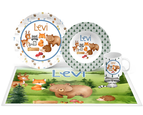 Personalized Boy Woodland Animals Plate, Bowl, Mug, Placemat Set - Choose Your Pieces