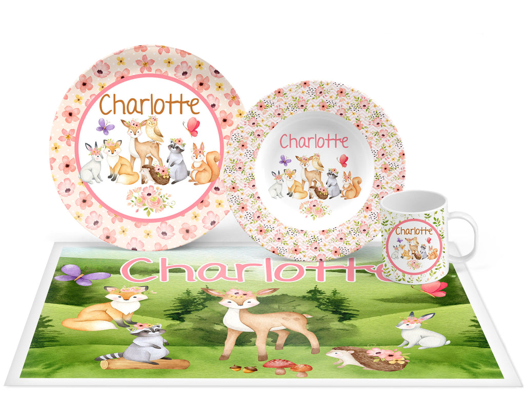 Personalized Girl Woodland Animals Plate, Bowl, Mug, Placemat Set - Choose Your Pieces