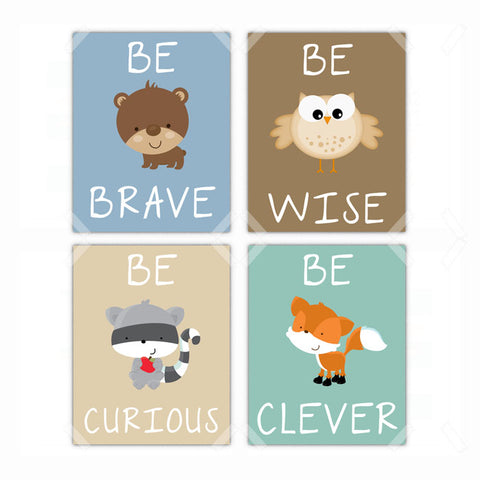 Woodland Animals Racoon, Bear, Fox, Owl Nursery Wall Art Decor - Set of 4